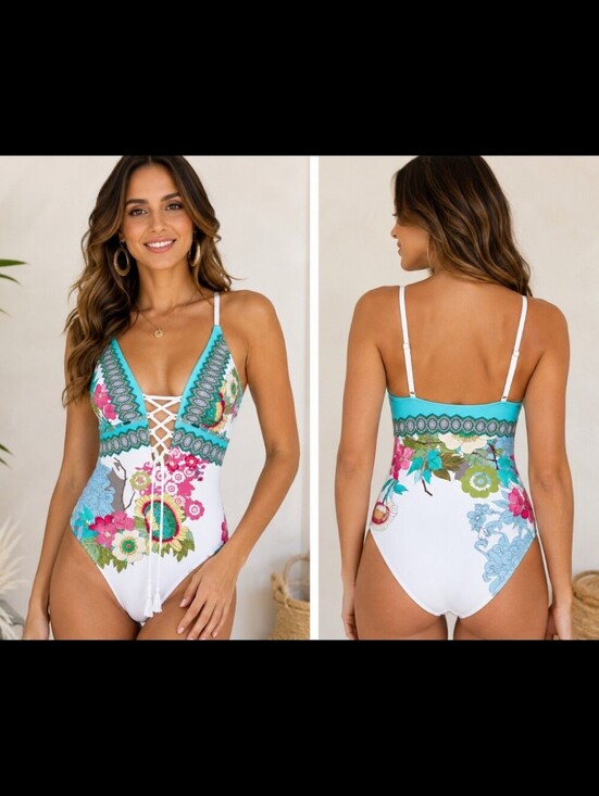 Johnny Was Other - Johnny Was Cora Lace Up One Piece Swimsuit Blue Floral Print SZ S Boho Resort